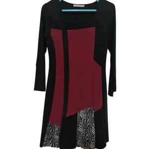 Maloka Formal Burgundy and Black Geometric Midi Dress (above knee) Black/Red